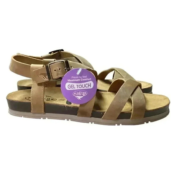 Plakton Sanals Women 9 40 Brown Gemma Ankle Strap Leather Cork Flat NEW - Picture 3 of 7